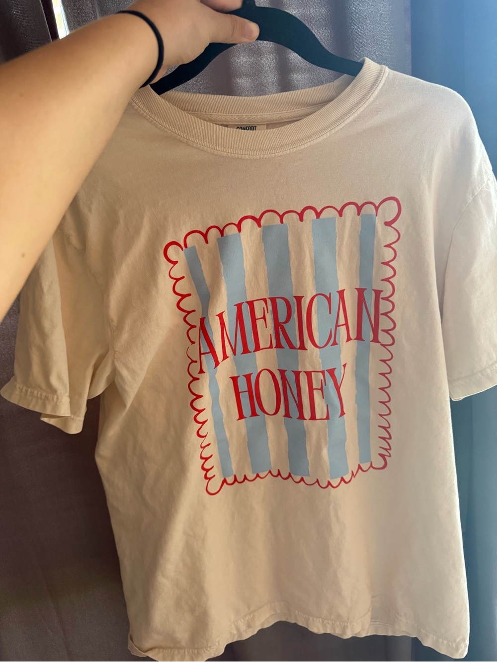 Comfort Colors Cream Tee with Red & Light Blue Graphic